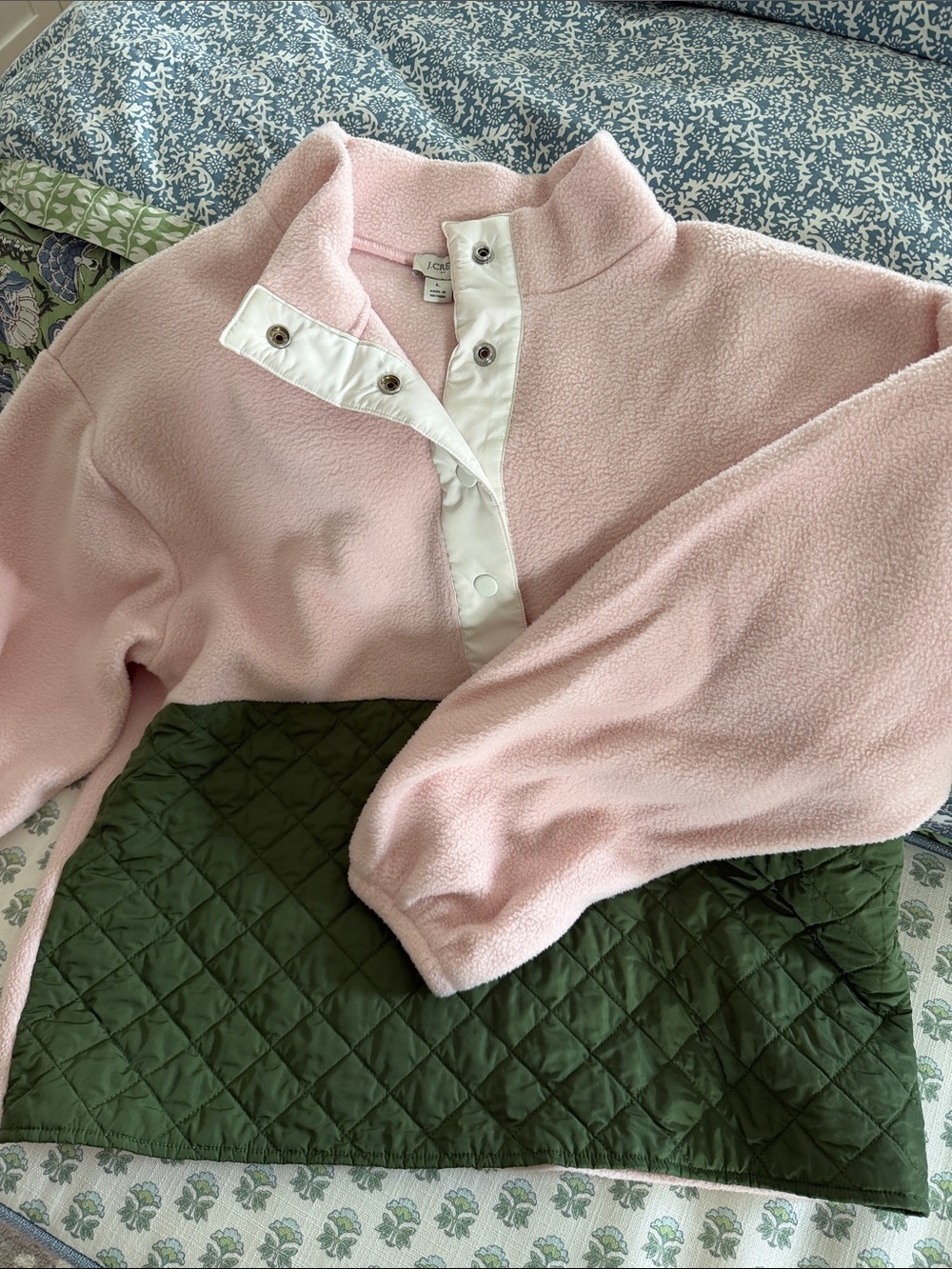 J. Crew Pink Fleece Pullover with Olive Quilted Hem